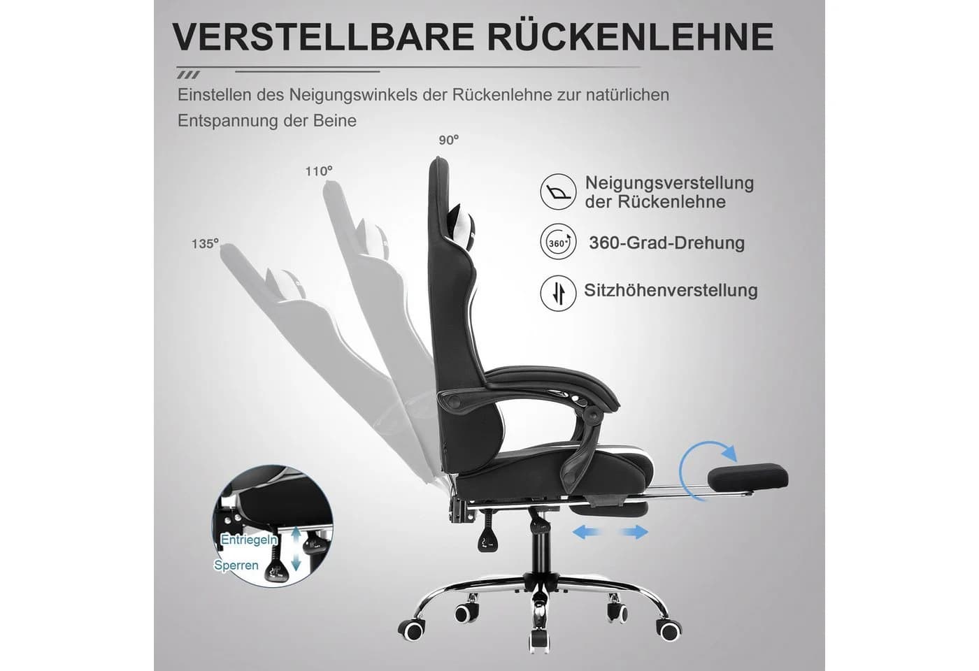 GTPLAYER Gaming-Stuhl mit Massagefunktion und Fußstütze Weiß - Bild 4