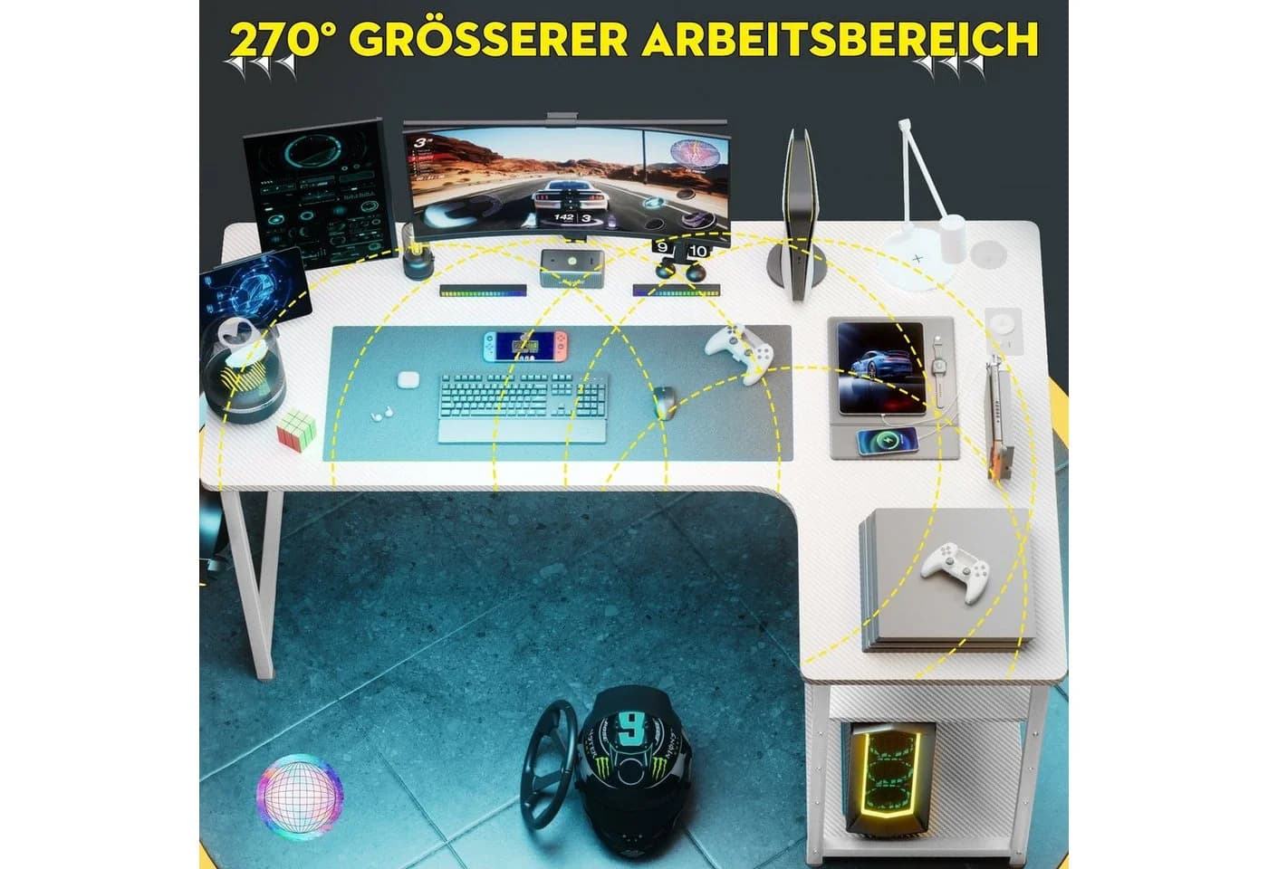 GTPLAYER Gaming Eckschreibtisch L-Form mit Regal und Steckdose - Bild 3
