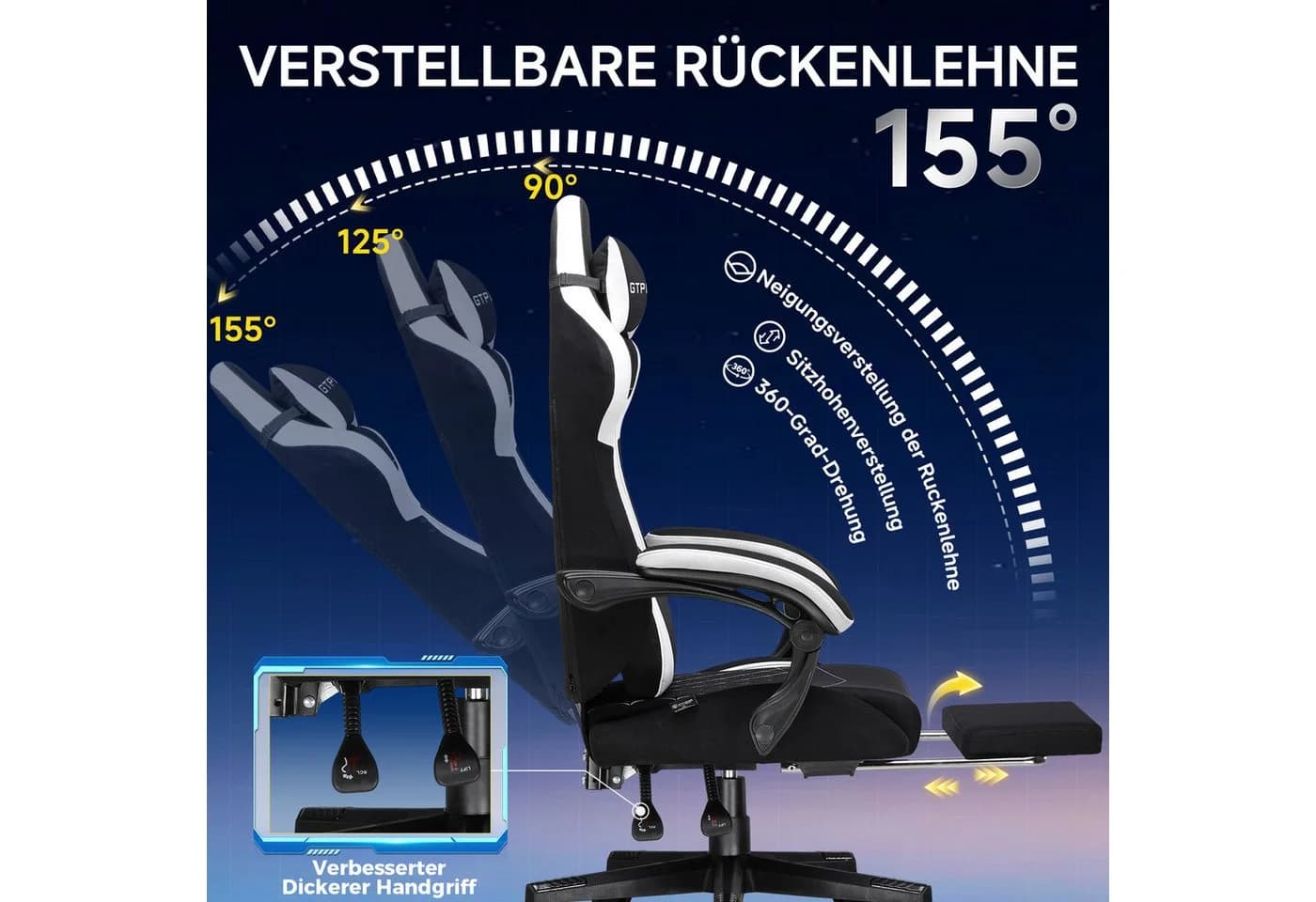 GTPLAYER Gaming-Stuhl Ergonomisch mit Stoffbezug und Fußstütze - Bild 5