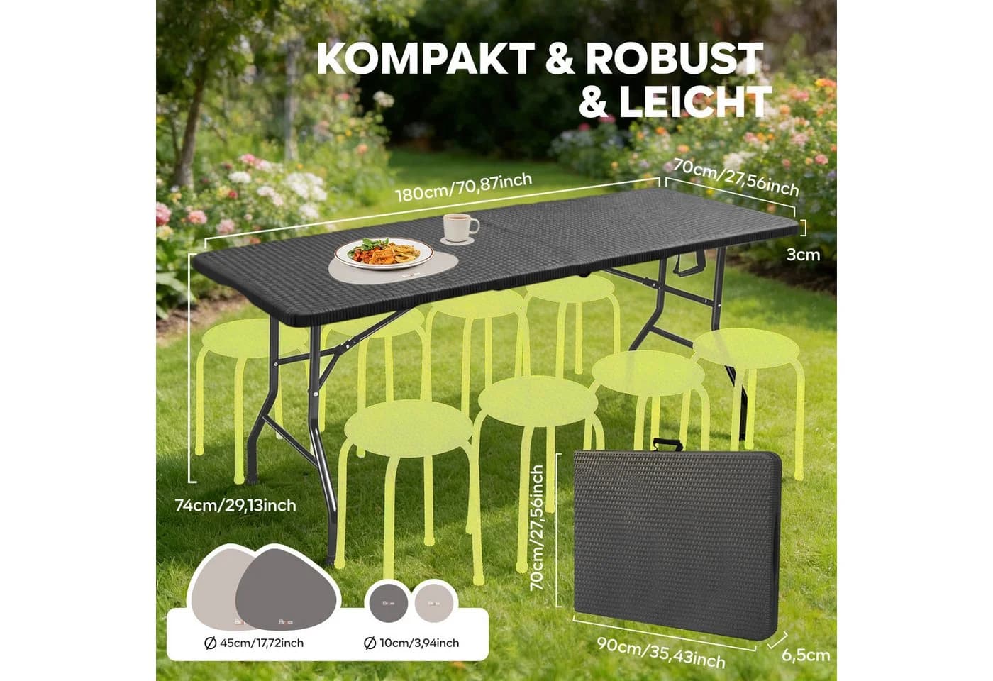 Eiryss Klapptisch Schwarz HDPE Metall 180x74 cm - Bild 3
