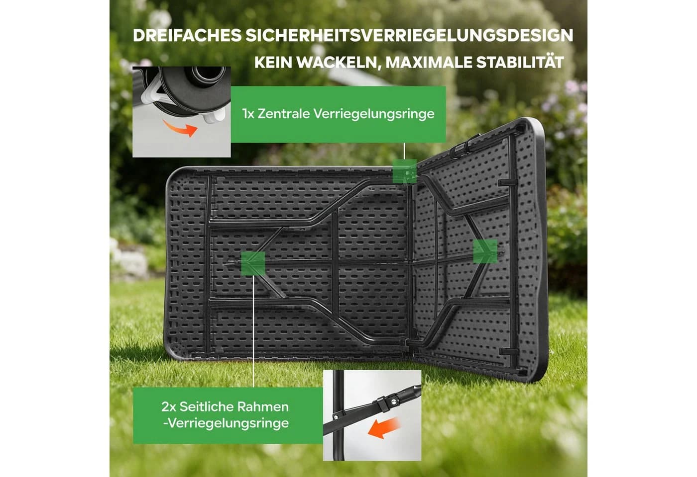Eiryss Klapptisch Schwarz HDPE Metall 180x74 cm - Bild 5