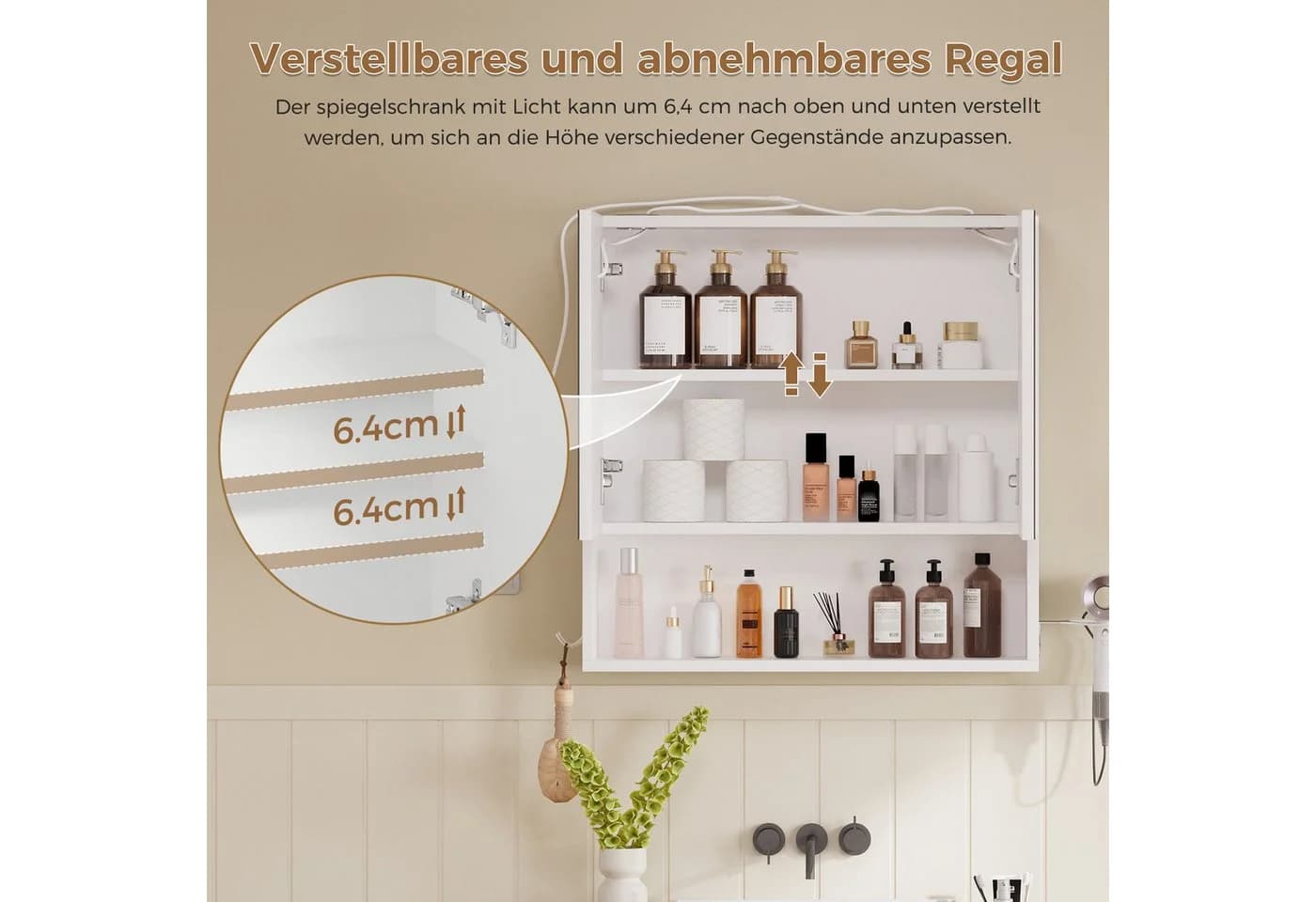 ELUCHANG Spiegelschrank Bad mit LED-Beleuchtung und verstellbarer Ablage, weiß - Bild 5