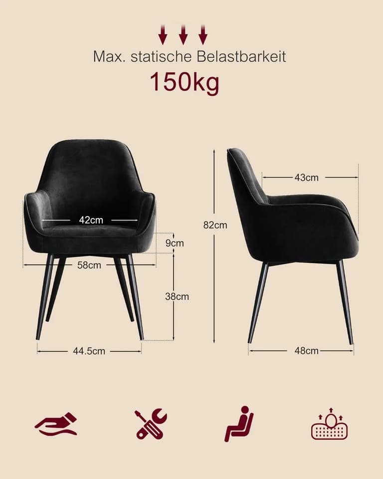 ELUCHANG Esszimmerstuhl Samt Schwarz 2er Set - Bild 5