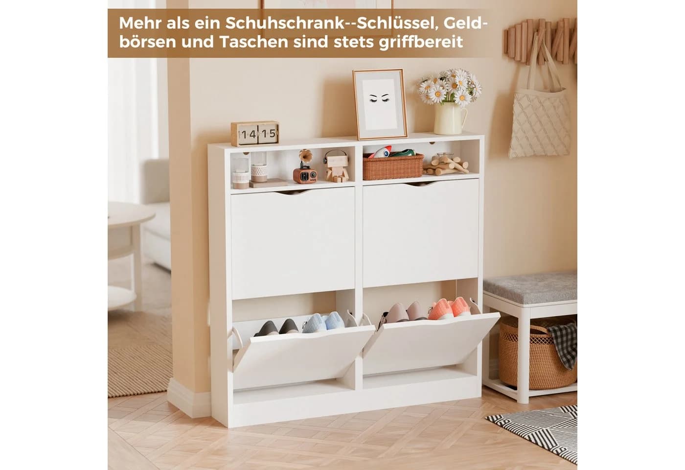 ELUCHANG Schuhschrank Schmal 4 Klappen Weiß Holz - Bild 4