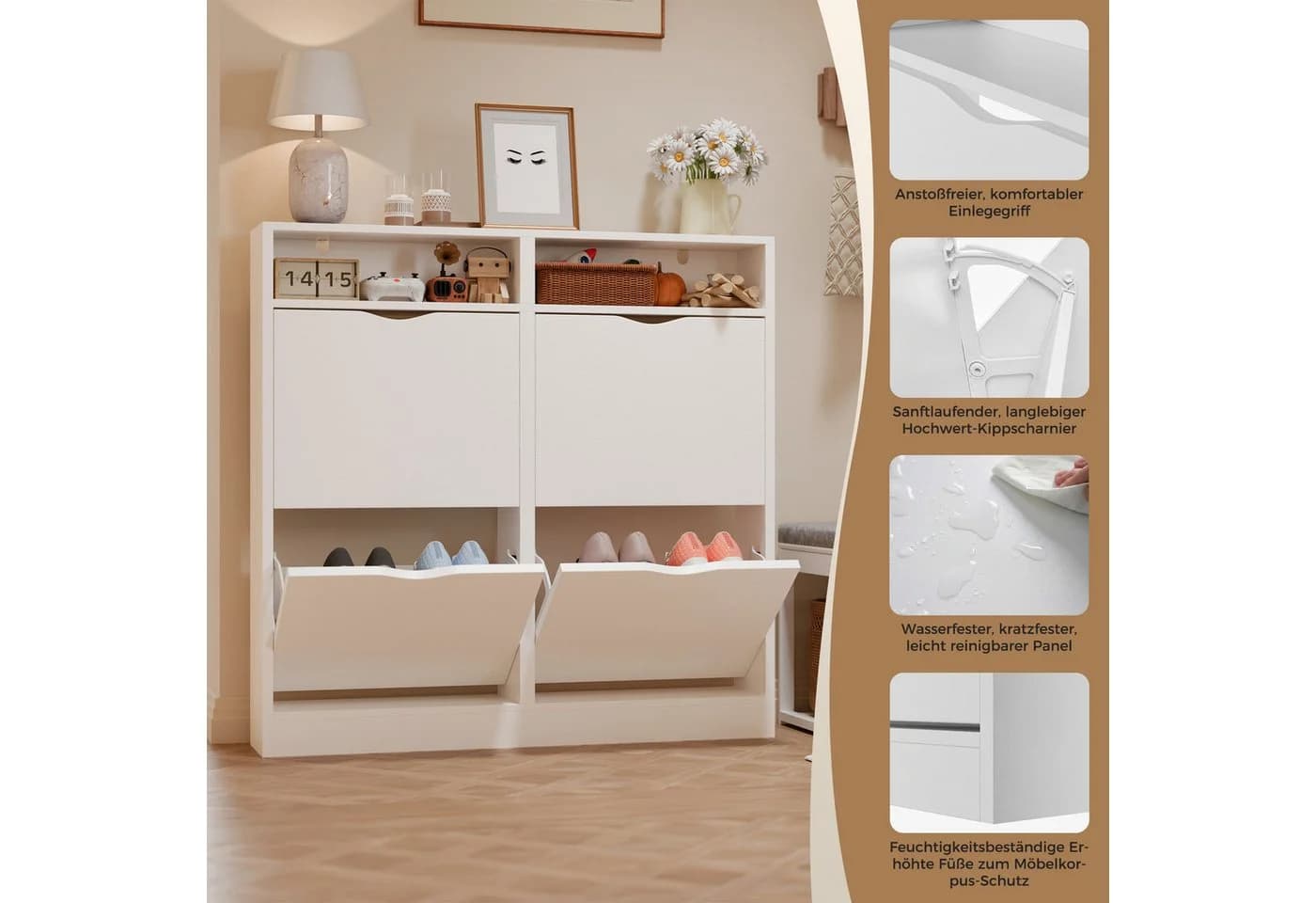 ELUCHANG Schuhschrank Schmal 4 Klappen Weiß Holz - Bild 5