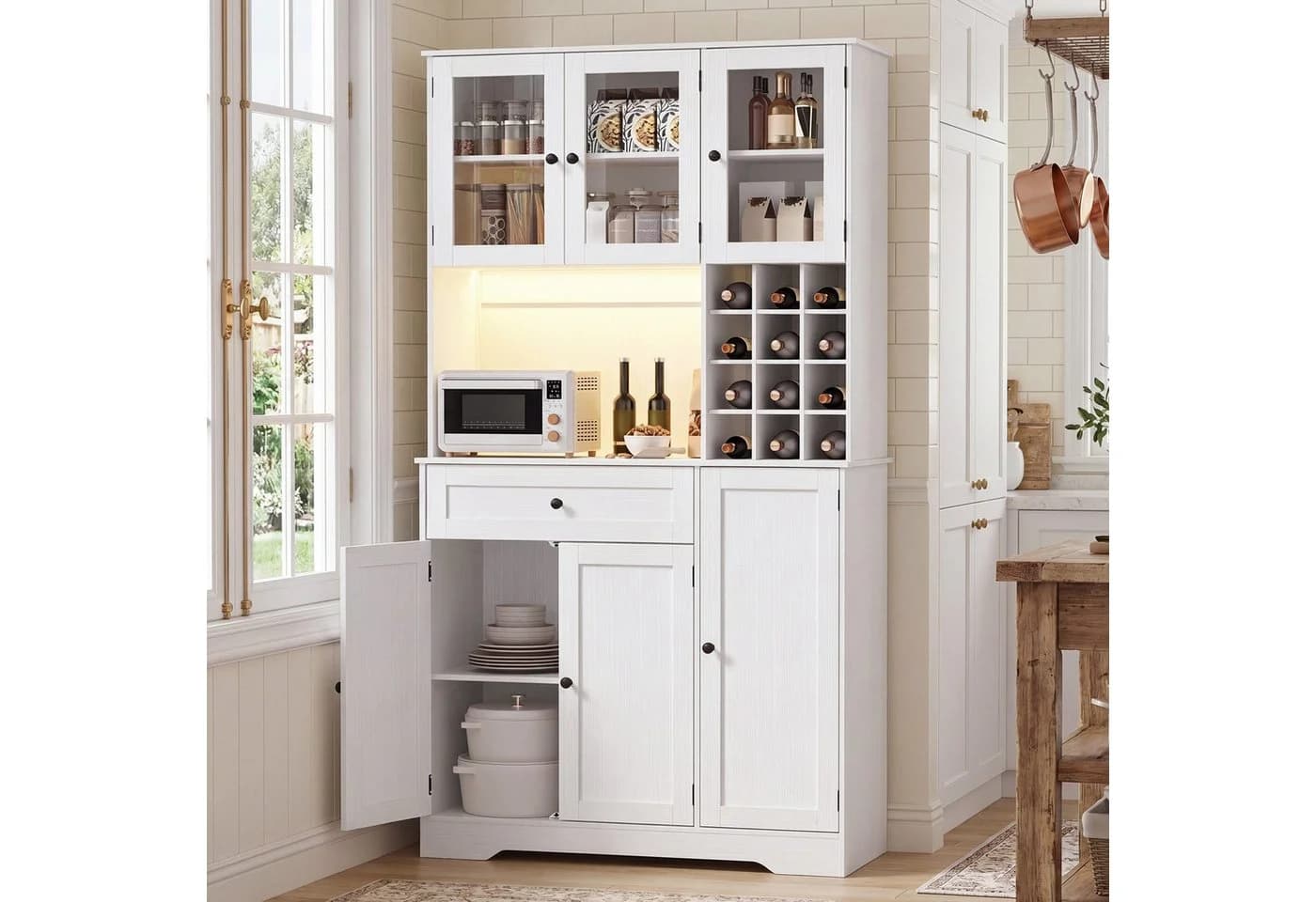 Blishom Küchenbuffet Weiß/Schwarz mit LED, Steckdosen & Weinregal
