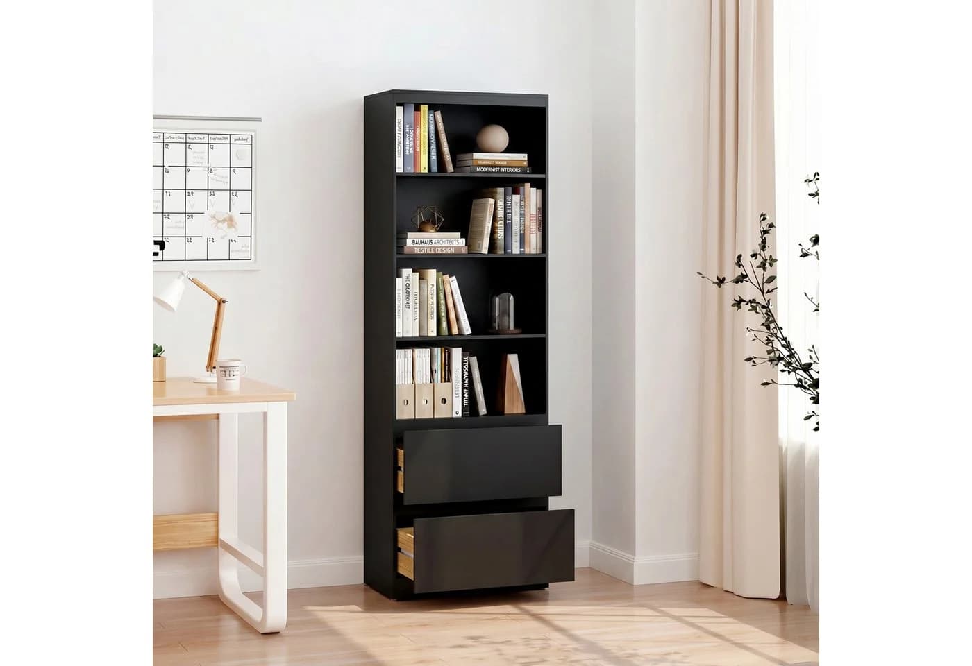 Blishom Bücherregal Schmal 4 Ablagen 2 Schubladen Weiß/Schwarz - Bild 5