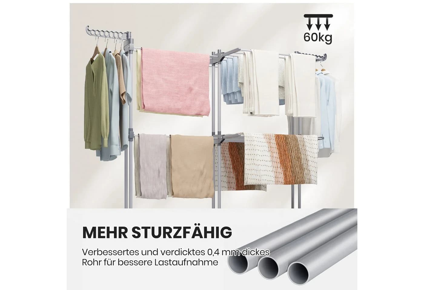 Oak&Tea Wäscheständer XXL 4 Ebenen Grau Stahl Rollen - Bild 3