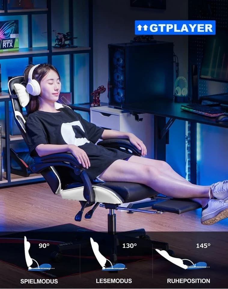 GTPLAYER Gaming-Stuhl Ergonomisch mit Fußstütze Weiß