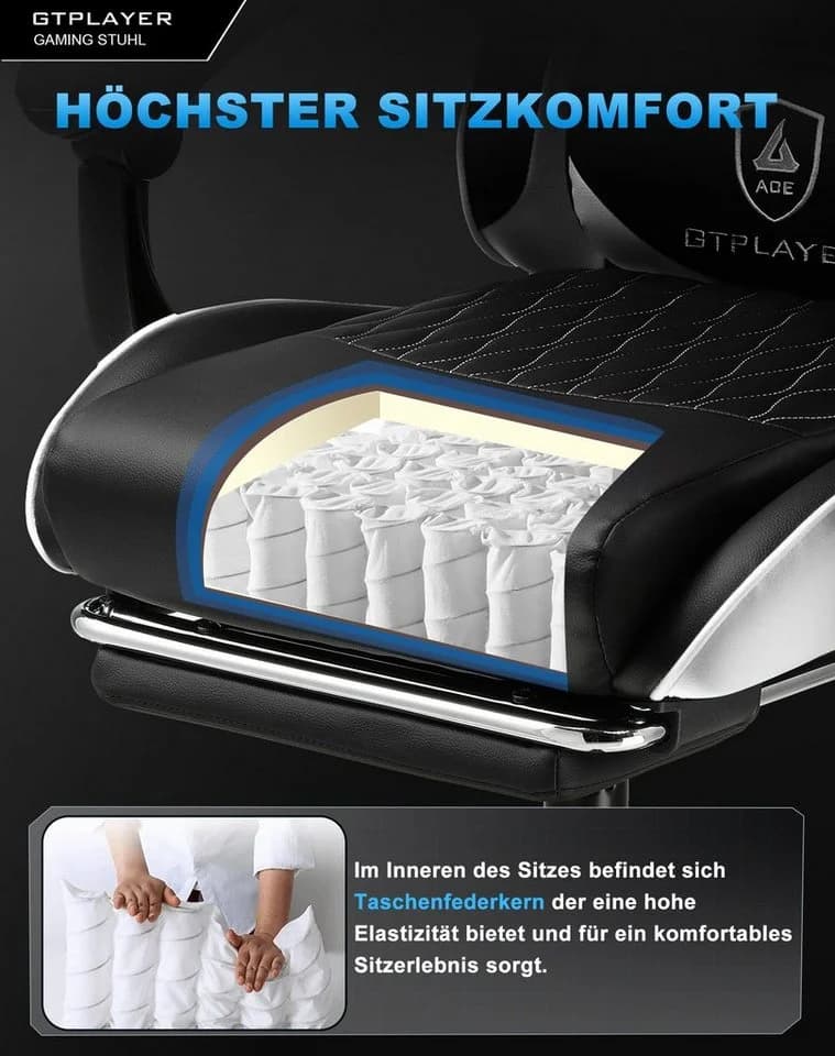 GTPLAYER Gaming-Stuhl Ergonomisch mit Fußstütze Weiß - Bild 3