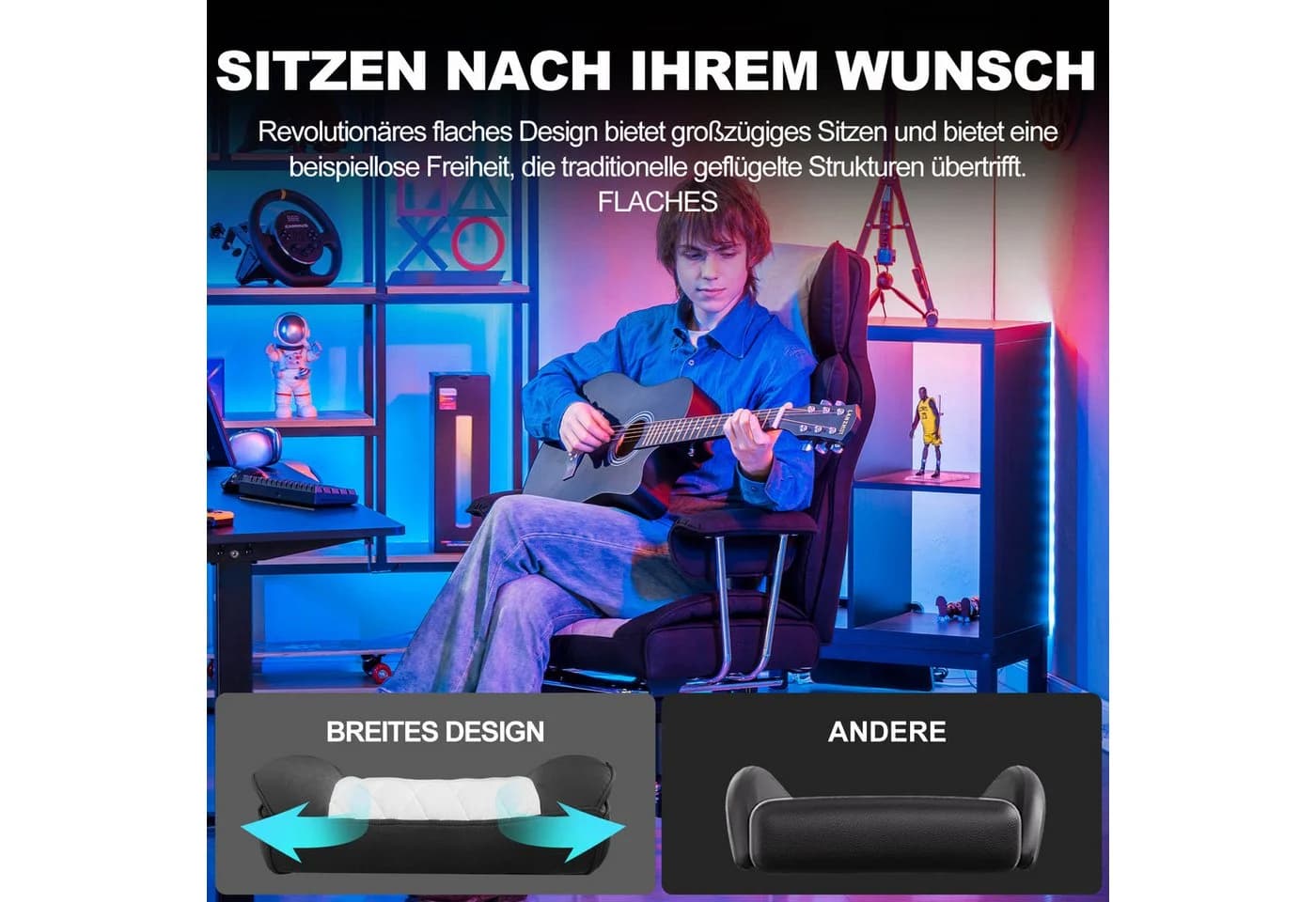 GTPLAYER Gaming-Stuhl Ergonomisch mit Fußstütze Schwarz-Grau - Bild 3