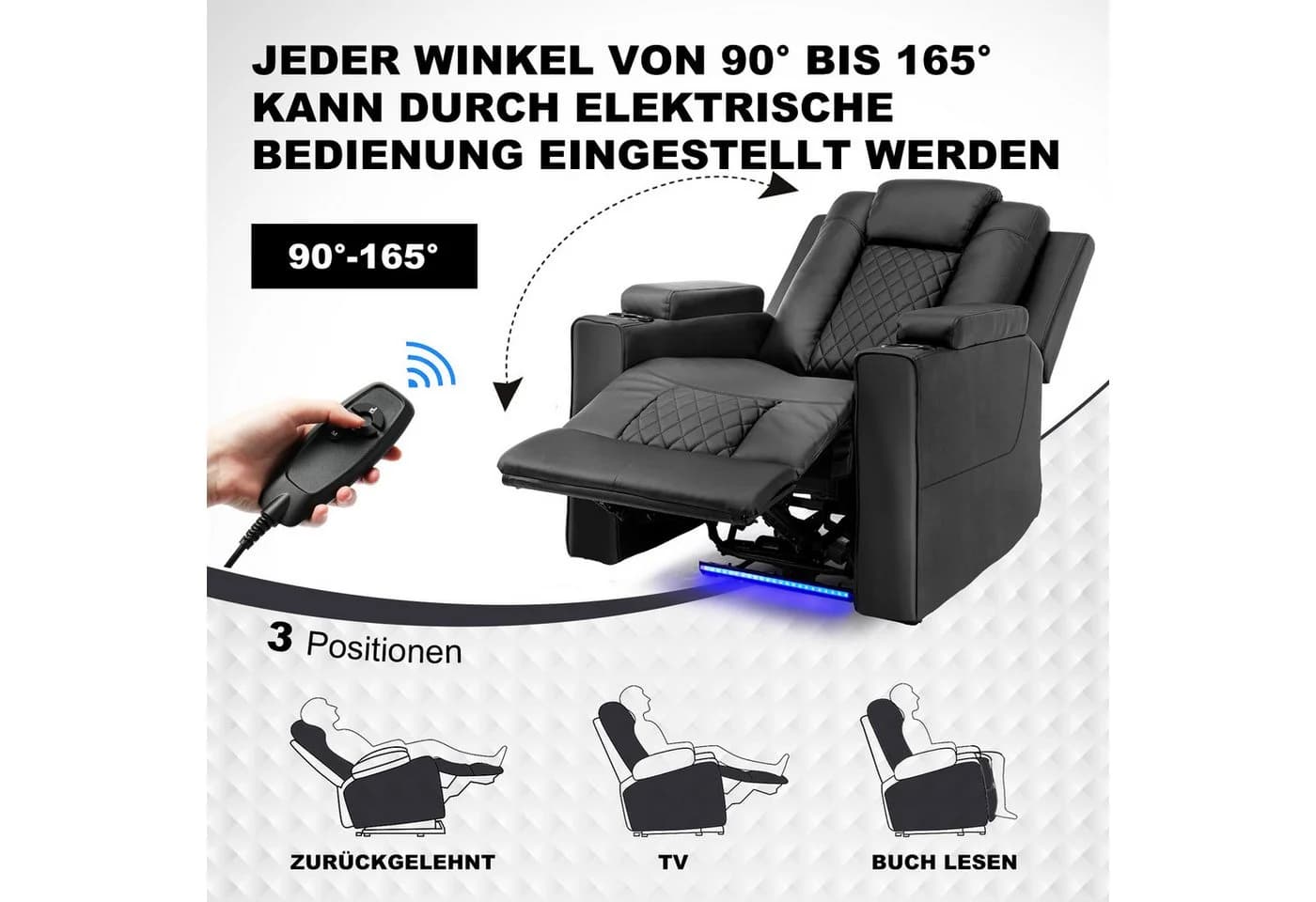 COMHOMA Elektrischer Relaxsessel Schwarz mit Massagefunktion und LED