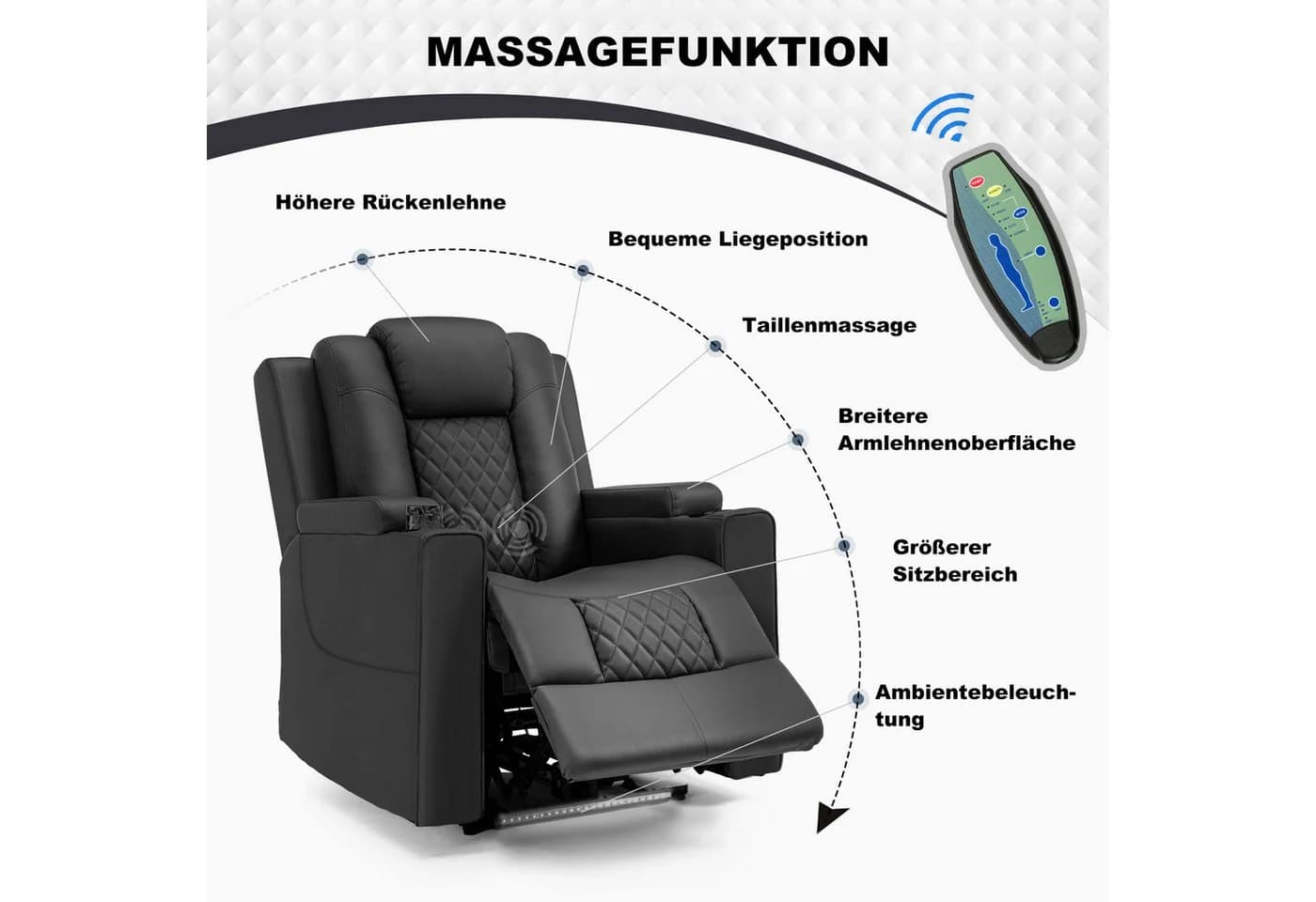 COMHOMA Elektrischer Relaxsessel Schwarz mit Massagefunktion und LED - Bild 4