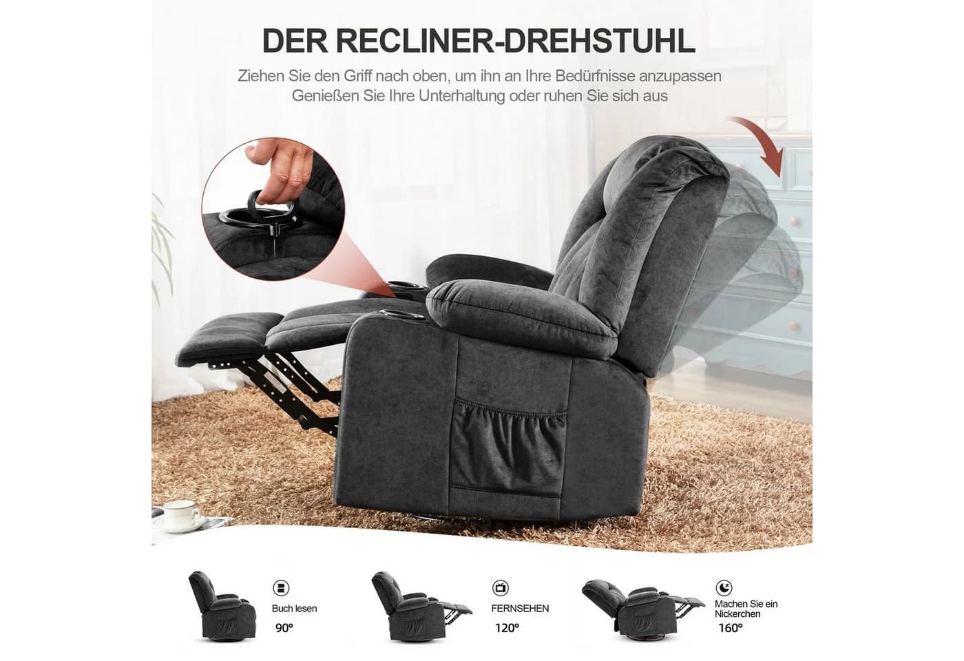 COMHOMA Relaxsessel TV-Sessel Grau Cordstoff - Bild 5