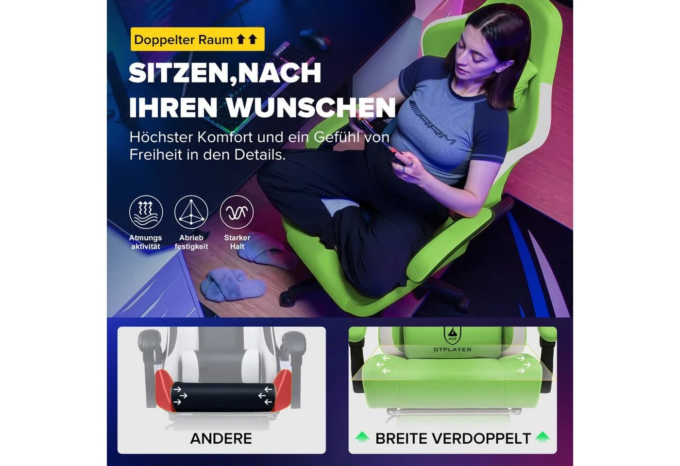GTPLAYER Gaming-Stuhl Grün Ergonomisch mit Fußstütze - Bild 4
