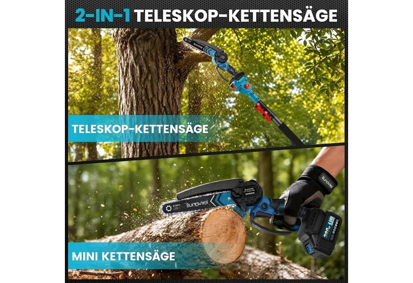 Bundviel Akku-Hochentaster 4-in-1 Teleskop mit 2x 4000mAh Akku