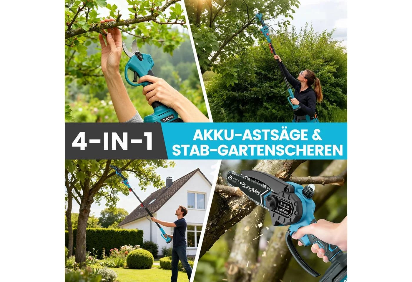 Bundviel Akku-Hochentaster 4-in-1 Bürstenlos Teleskop mit 2x 4000mAh Akku Blau
