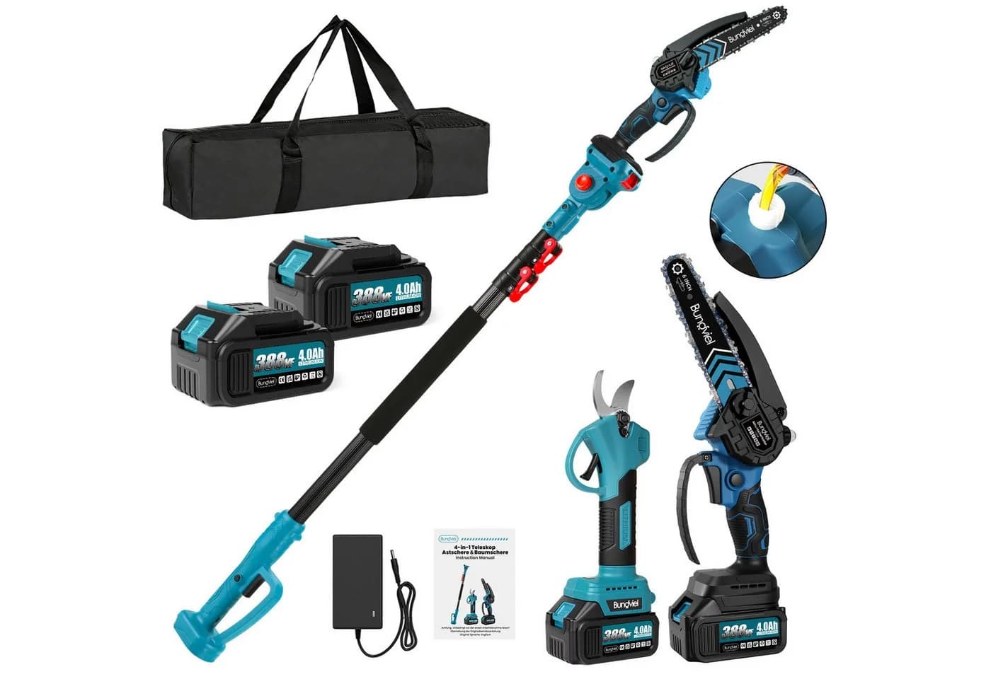 Bundviel Akku-Hochentaster 4-in-1 Bürstenlos Teleskop mit 2x 4000mAh Akku Blau - Bild 2