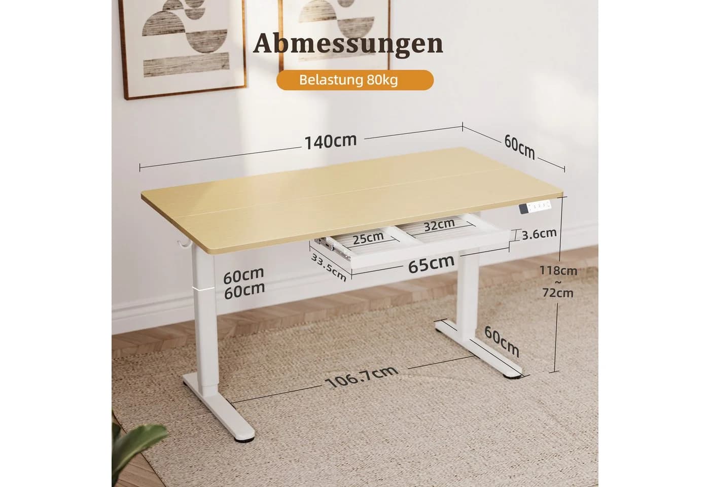 Claiks Elektrischer Höhenverstellbarer Schreibtisch Beige mit Schublade