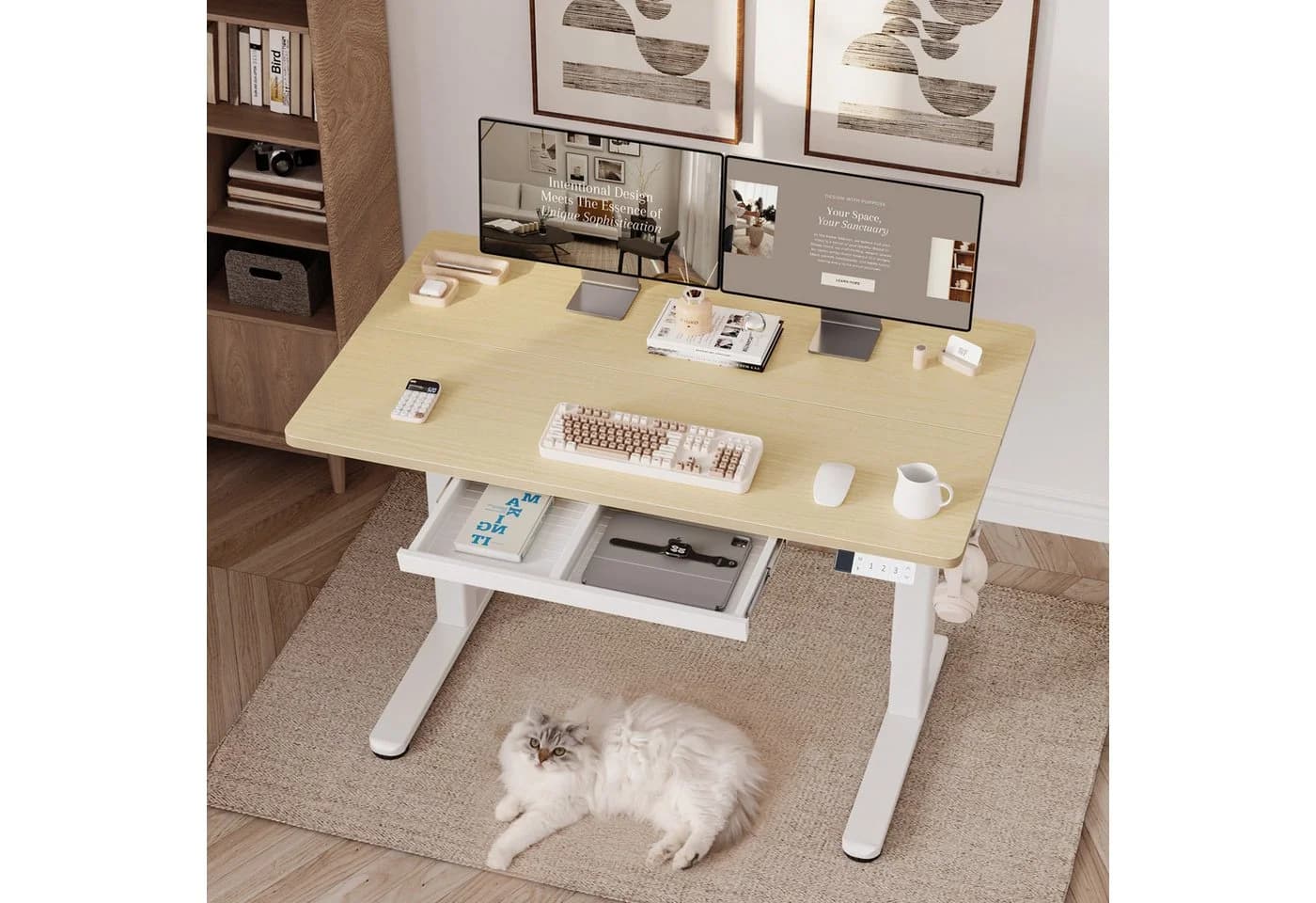 Claiks Elektrischer Höhenverstellbarer Schreibtisch Beige mit Schublade - Bild 2