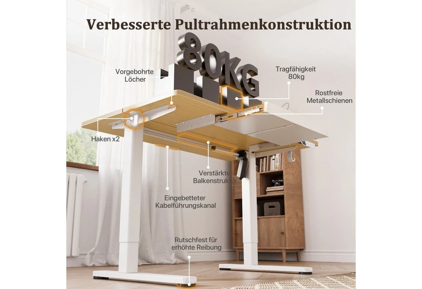 Claiks Elektrischer Höhenverstellbarer Schreibtisch Beige mit Schublade - Bild 3