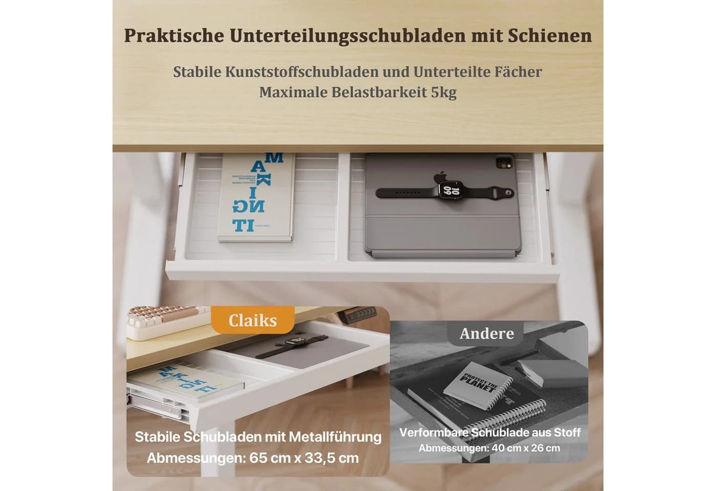 Claiks Elektrischer Höhenverstellbarer Schreibtisch Beige mit Schublade - Bild 5