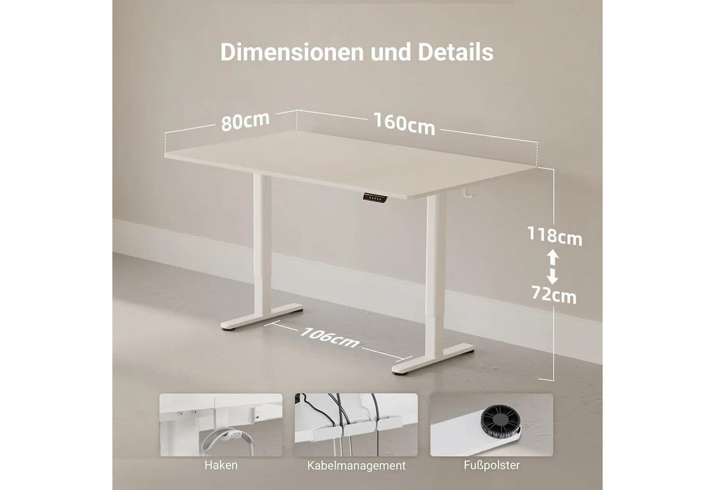 Claiks Höhenverstellbarer Schreibtisch Weiß 160x80cm mit Memory-Funktion