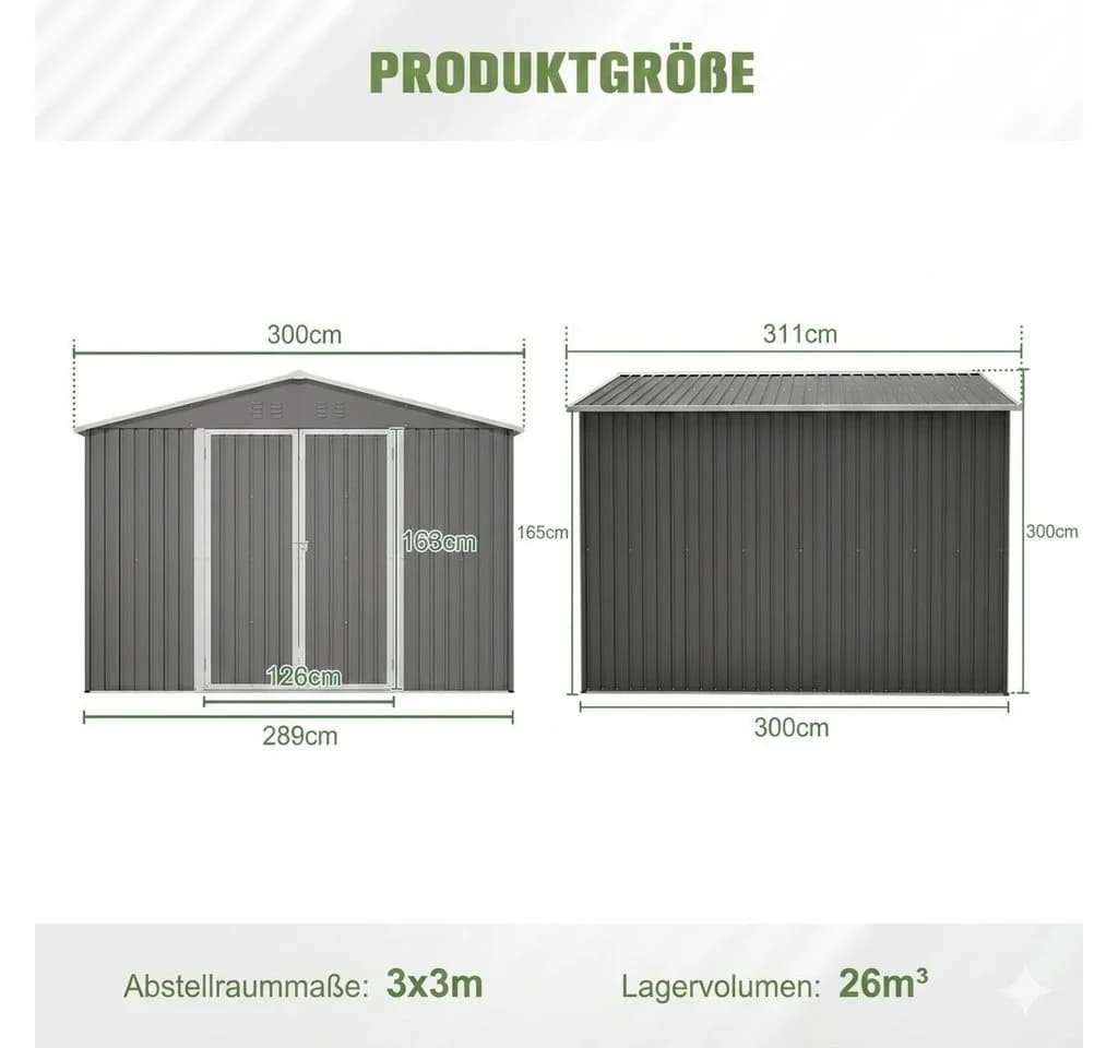 kowdom Metall-Gartenschuppen 3x3m Grau mit Bodenrahmen