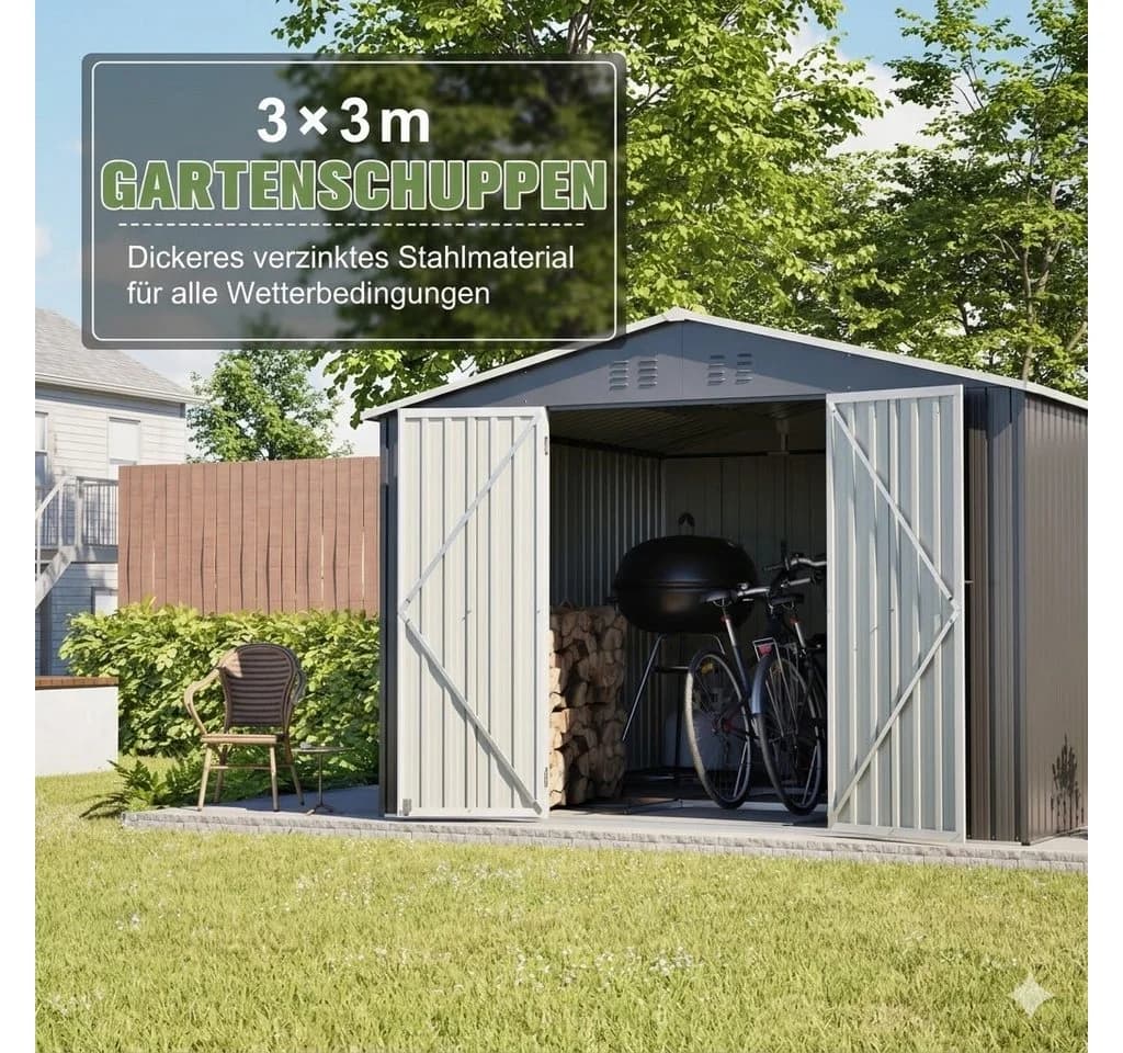kowdom Metall-Gartenschuppen 3x3m Grau mit Bodenrahmen - Bild 4