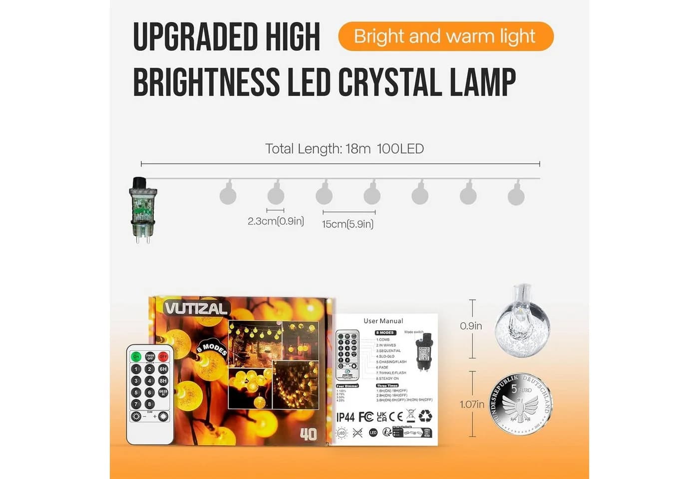 kowdom LED Lichterkette 15m Kugel 8 Modi dimmbar warmweiß Timer IP44
