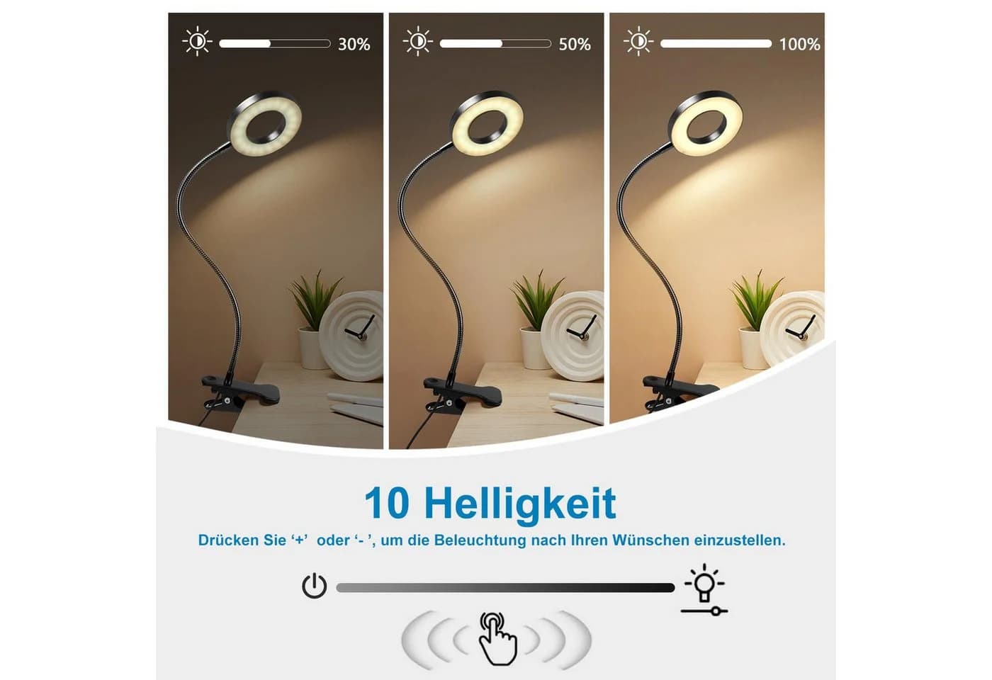 kowdom LED Leselampe Klemme dimmbar USB Schwanenhals 3 Lichtfarben Schwarz - Bild 5
