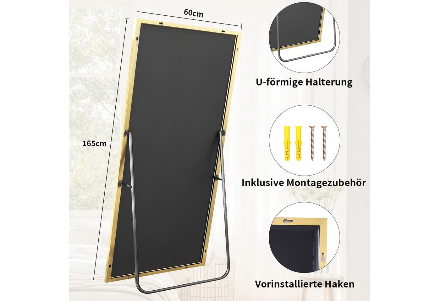 Koonmi Ganzkörperspiegel Gold Metallrahmen Design Bodenspiegel - Bild 3