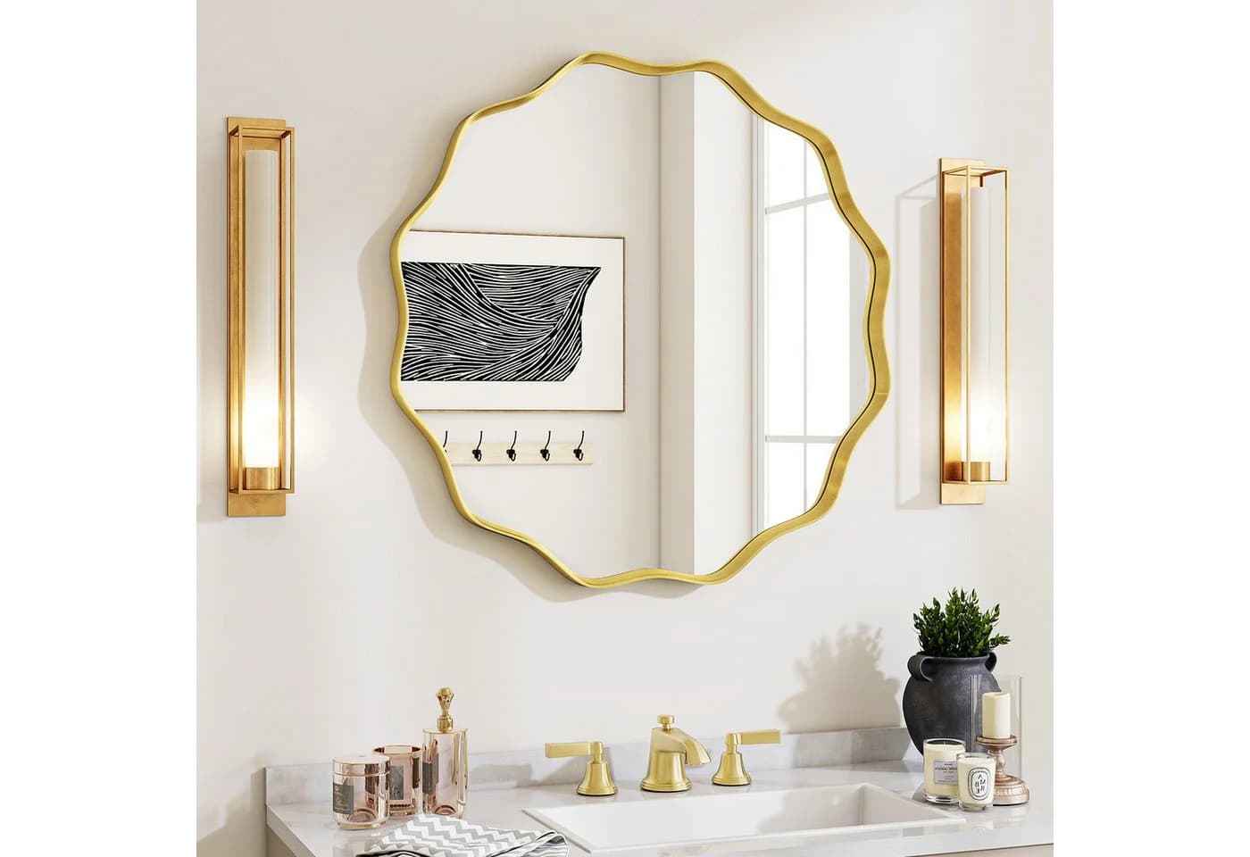 BEAUTYPEAK Dekospiegel Wellenförmiger Runder Dekorativ Wandspiegel Gold