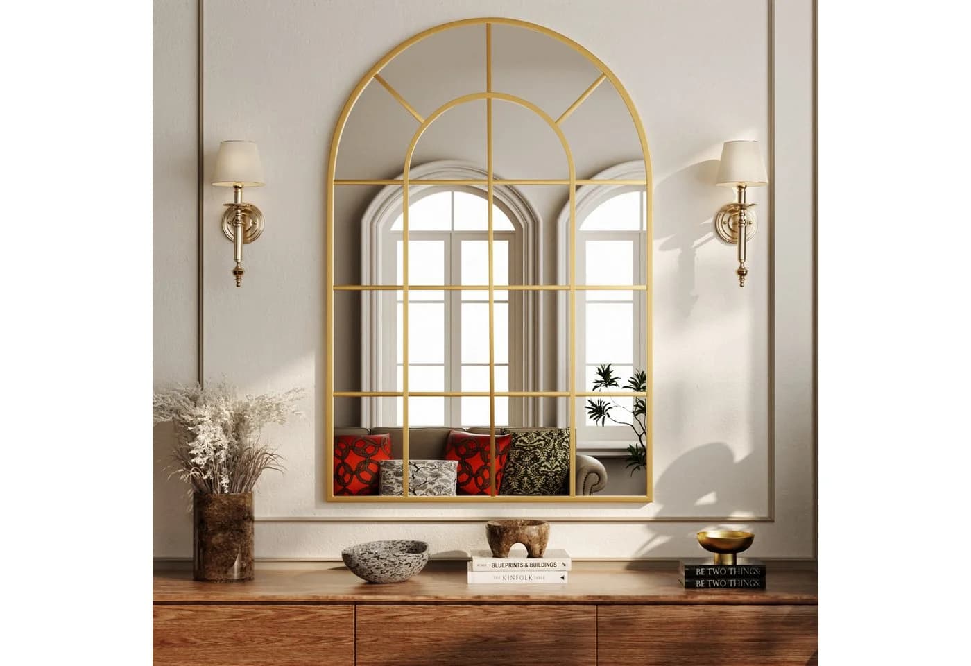 BEAUTYPEAK Dekospiegel Dekorativer gewölbter Wandspiegel mit Fensterpaneel Gold