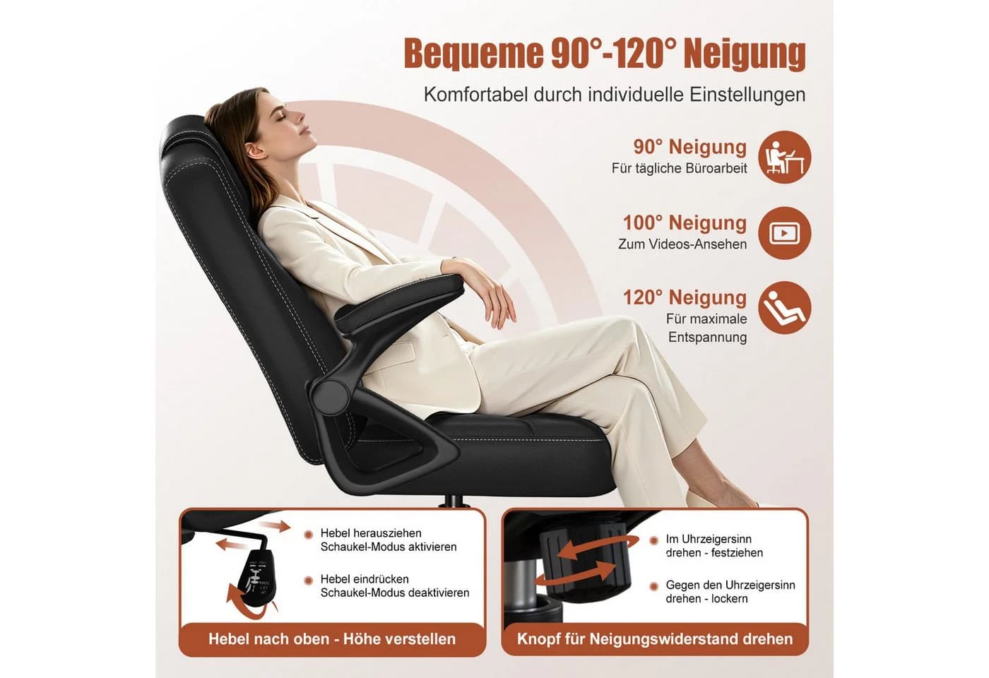 Homimaster Bürostuhl Ergonomisch mit Klapparmlehnen & Neigungsfunktion Schwarz - Bild 3