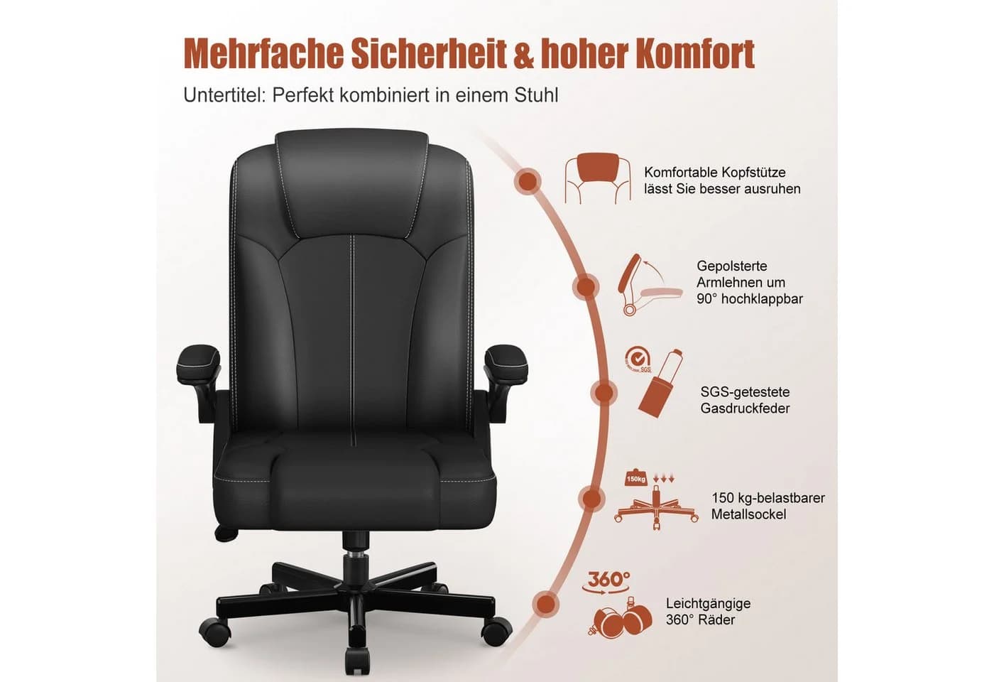 Homimaster Bürostuhl Ergonomisch mit Klapparmlehnen & Neigungsfunktion Schwarz - Bild 4