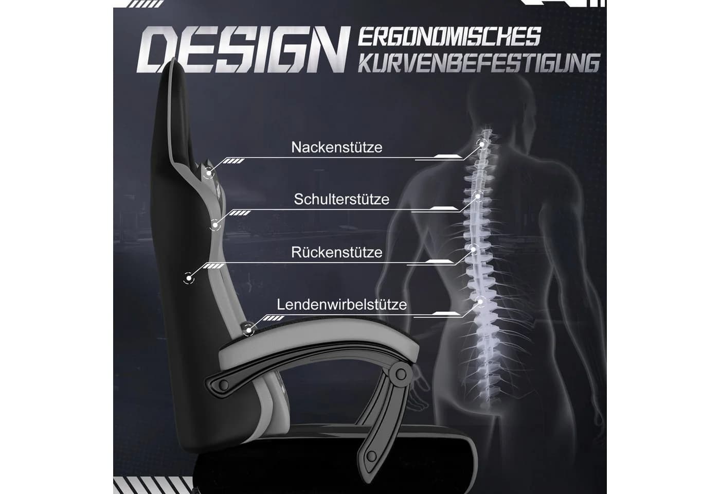Adormii Gaming-Stuhl Ergonomisch mit Verstellbaren Lendenkissen und Kopfstütze - Bild 4