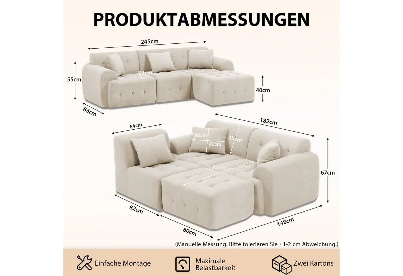 COMHOMA Ecksofa Beige Modulares Sofa mit Kissen