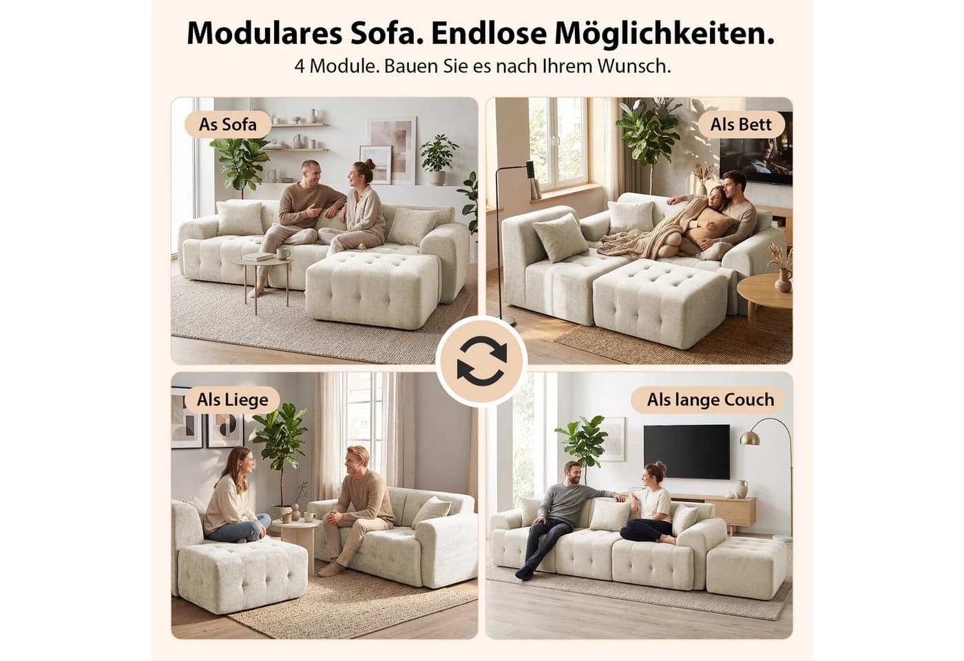 COMHOMA Ecksofa Beige Modulares Sofa mit Kissen - Bild 3