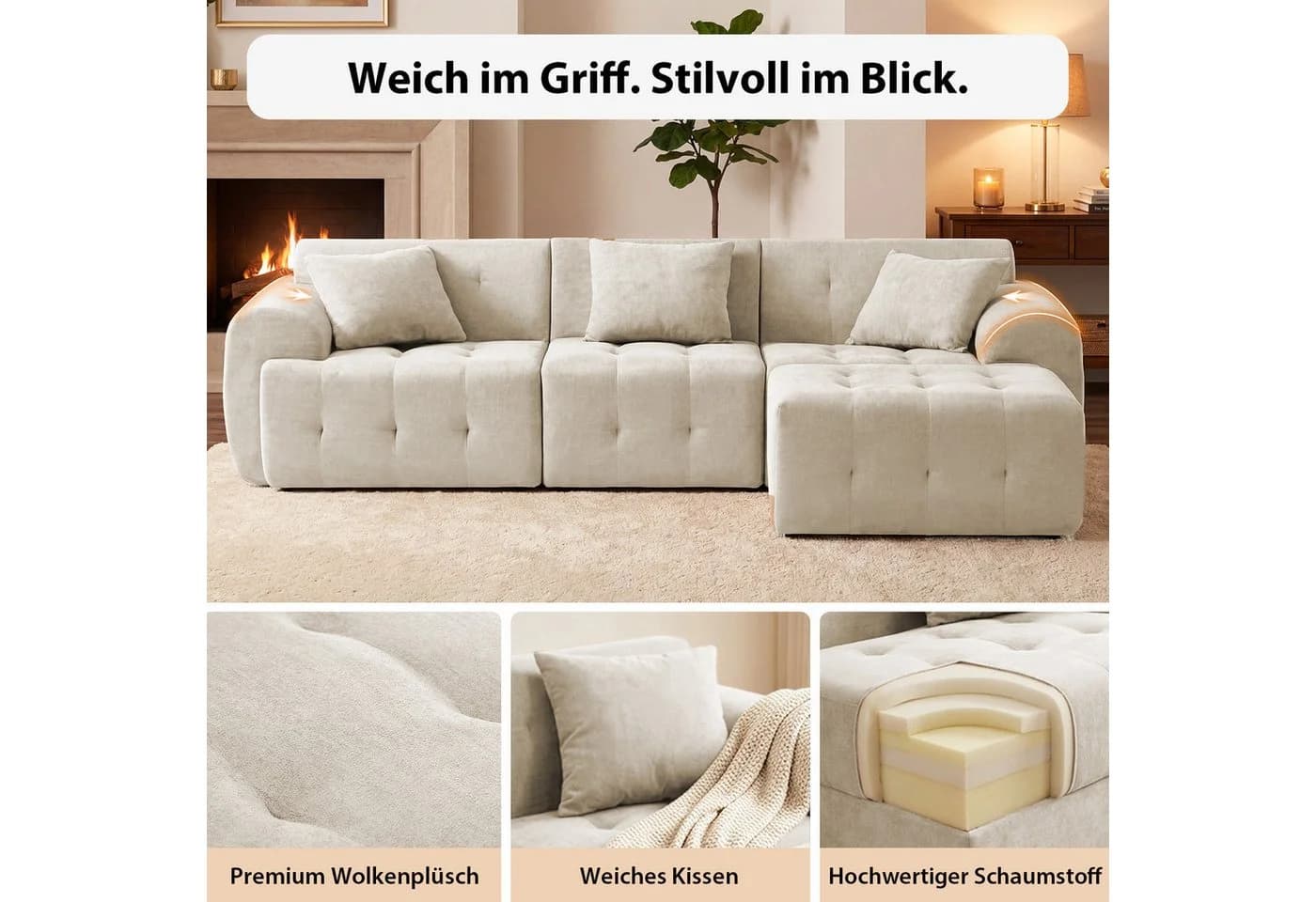 COMHOMA Ecksofa Beige Modulares Sofa mit Kissen - Bild 4