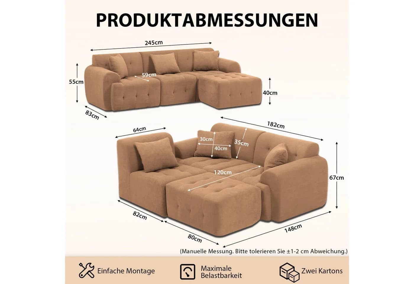 COMHOMA Ecksofa Braun Modulares Sofa mit Kissen