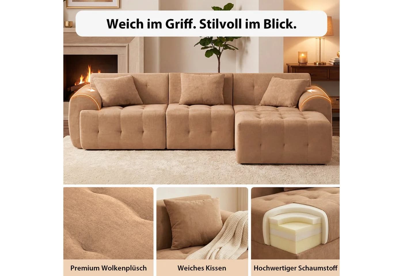 COMHOMA Ecksofa Braun Modulares Sofa mit Kissen - Bild 4