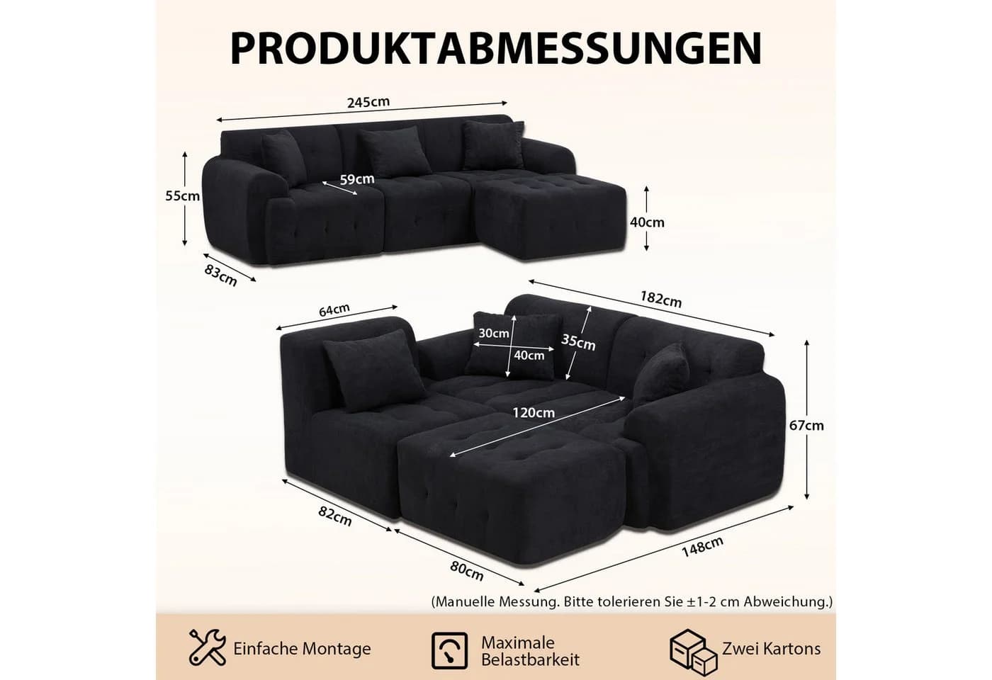 COMHOMA Ecksofa Schwarz Modulares Sofa mit Kissen