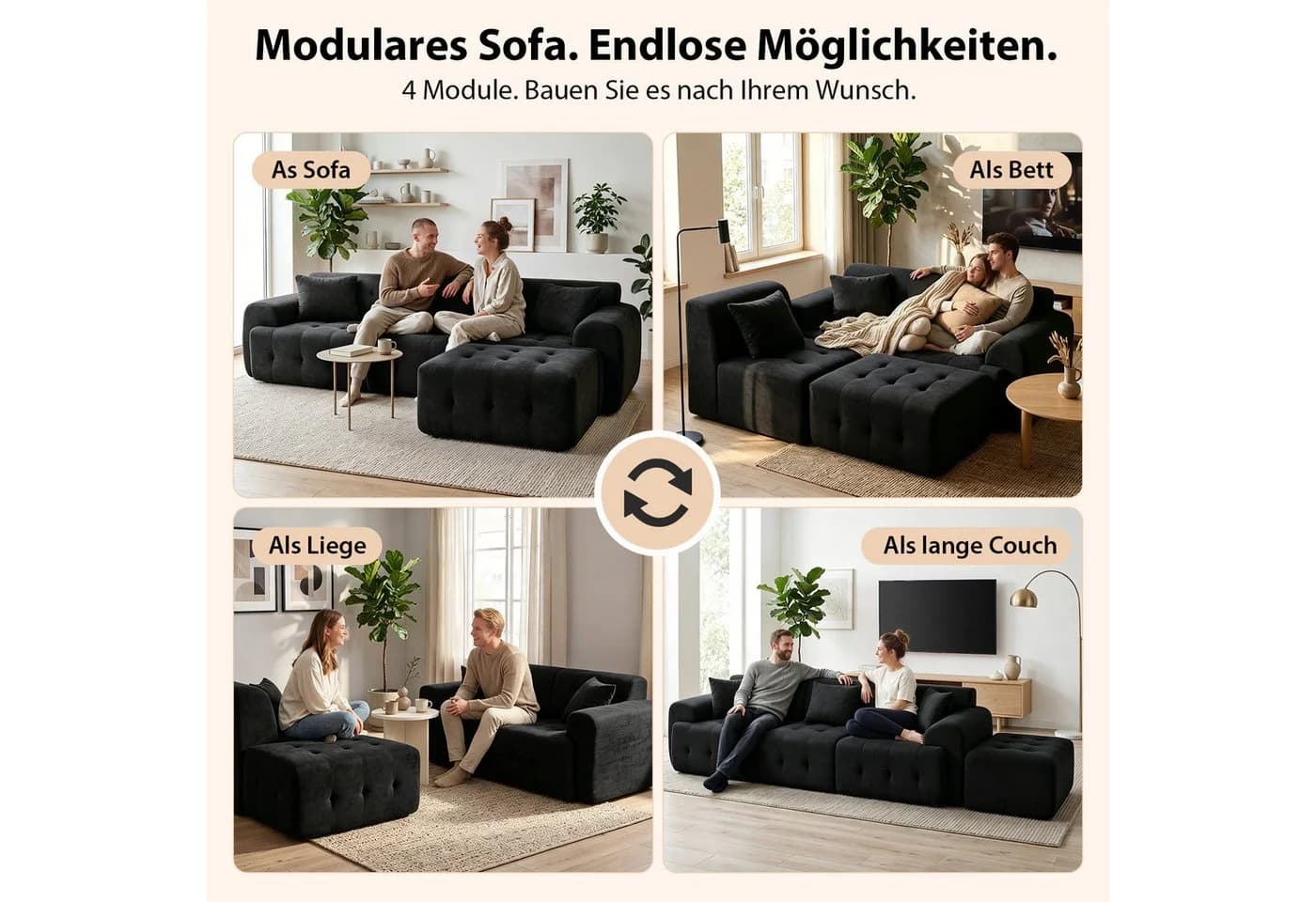 COMHOMA Ecksofa Schwarz Modulares Sofa mit Kissen - Bild 3