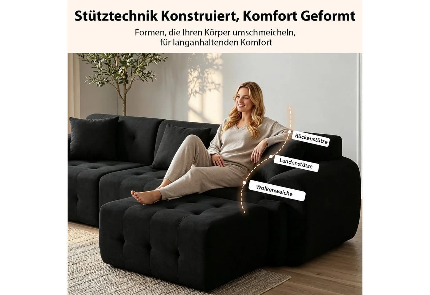 COMHOMA Ecksofa Schwarz Modulares Sofa mit Kissen - Bild 4