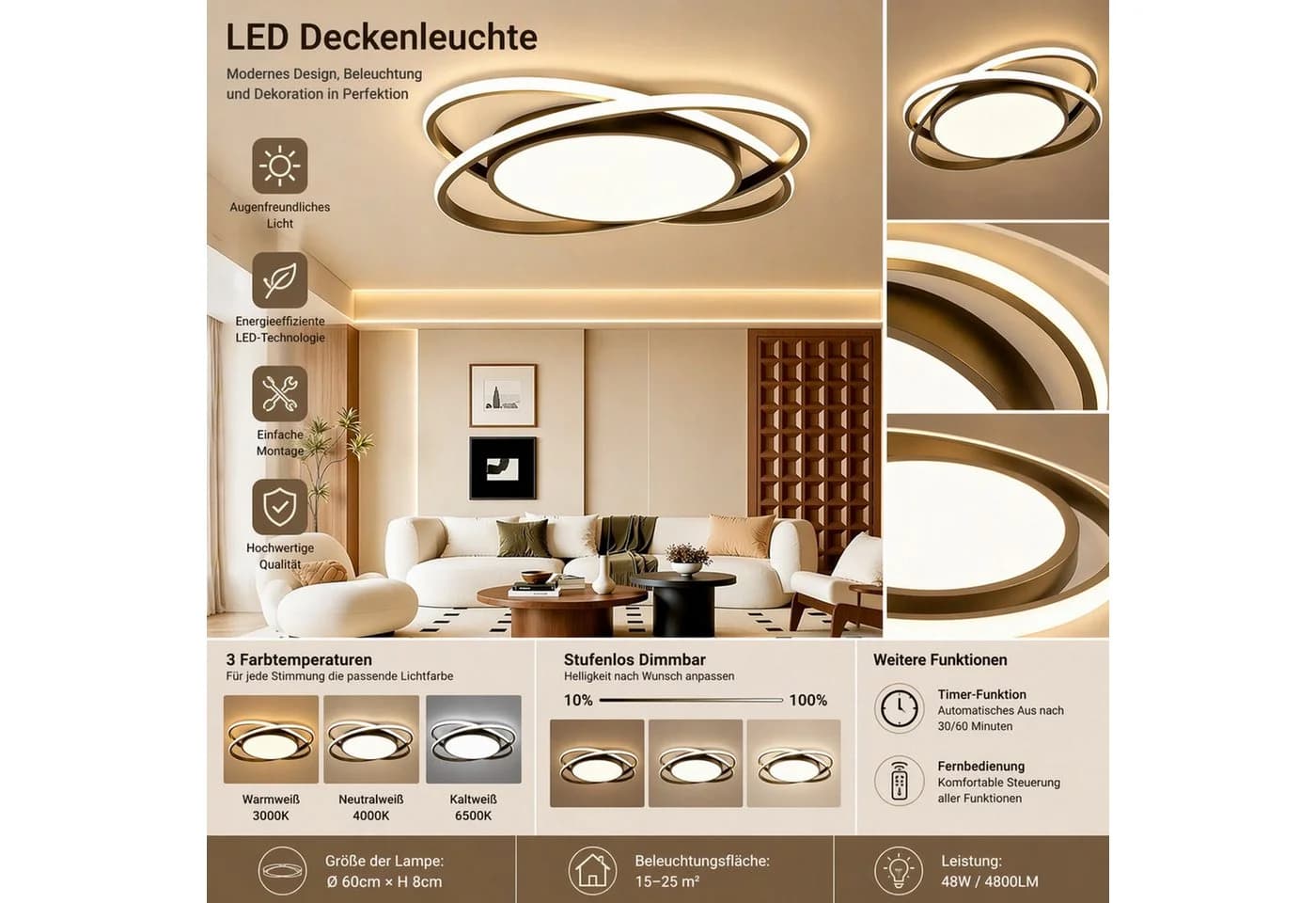 OYLCDI LED Deckenlampe Dimmbar Schwarz/Weiß Modern - Bild 4