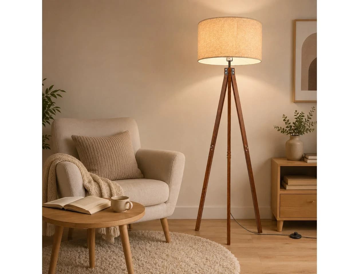 OYLCDI Stehlampe Skandinavisch Holz Leinenbraun E27 - Bild 2