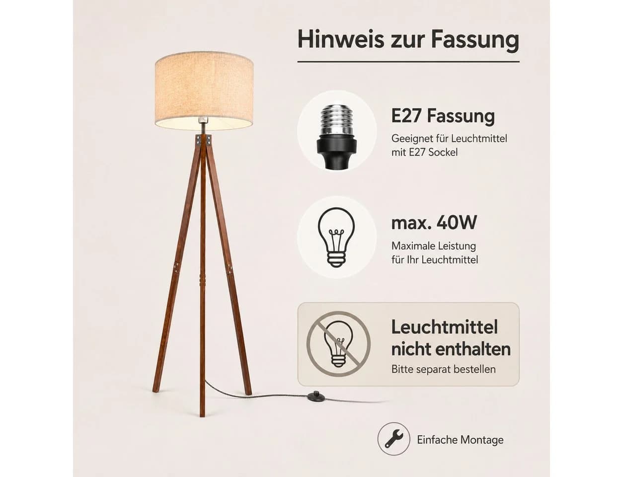 OYLCDI Stehlampe Skandinavisch Holz Leinenbraun E27 - Bild 5