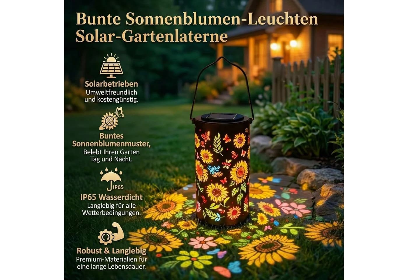 pedete LED Solarleuchte mit Sonnenblumen-Projektion, IP65 Wasserdicht