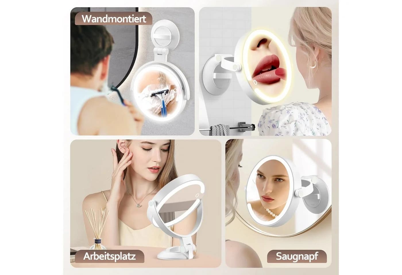 OYLCDI Schminkspiegel mit LED-Beleuchtung & Saugnapf, 1x/10x, weiß
